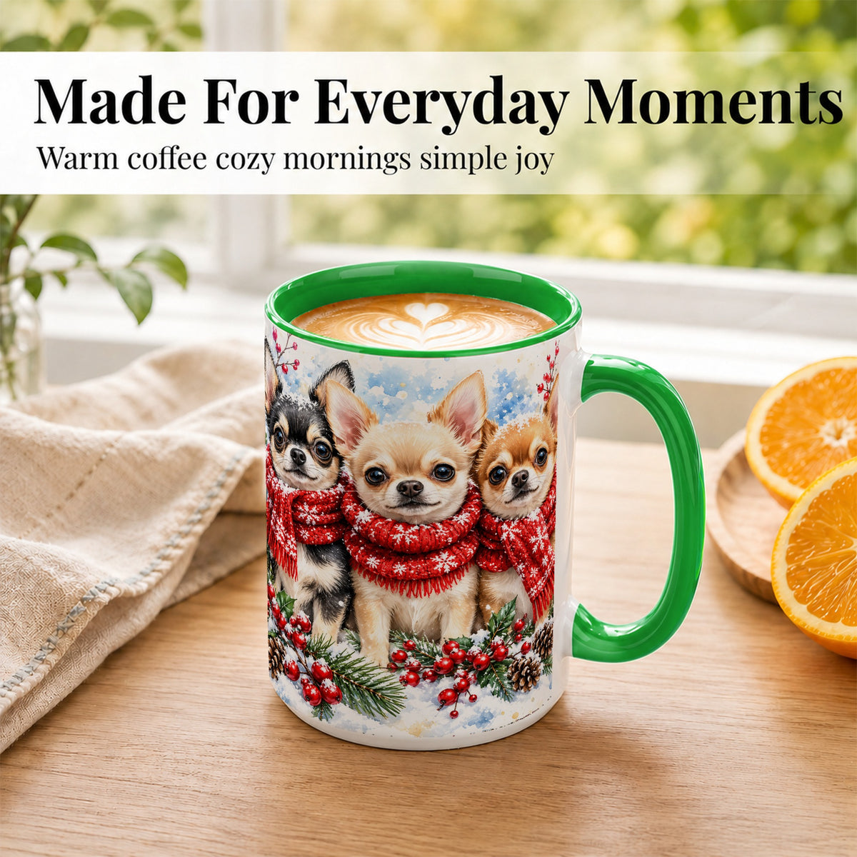 #pl[15oz|Green] Winter Chihuahua Coffee Mug, Snowy Holiday Dog Mug, Ceramic Cup