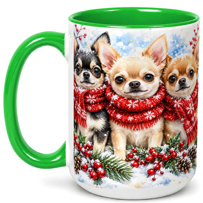 #pl[15oz|Green] Winter Chihuahua Coffee Mug, Snowy Holiday Dog Mug, Ceramic Cup