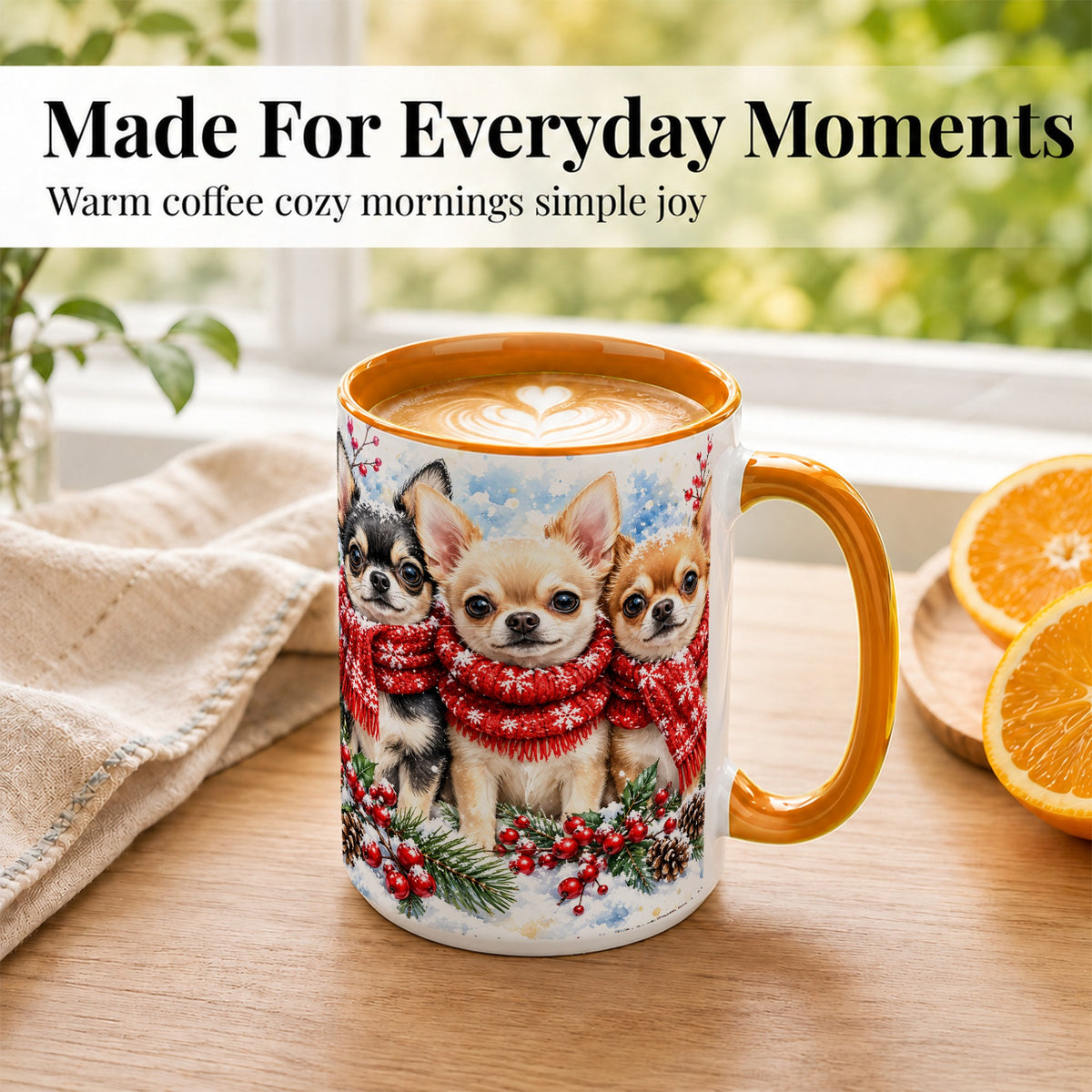 #pl[15oz|Orange] Winter Chihuahua Coffee Mug, Snowy Holiday Dog Mug, Ceramic Cup
