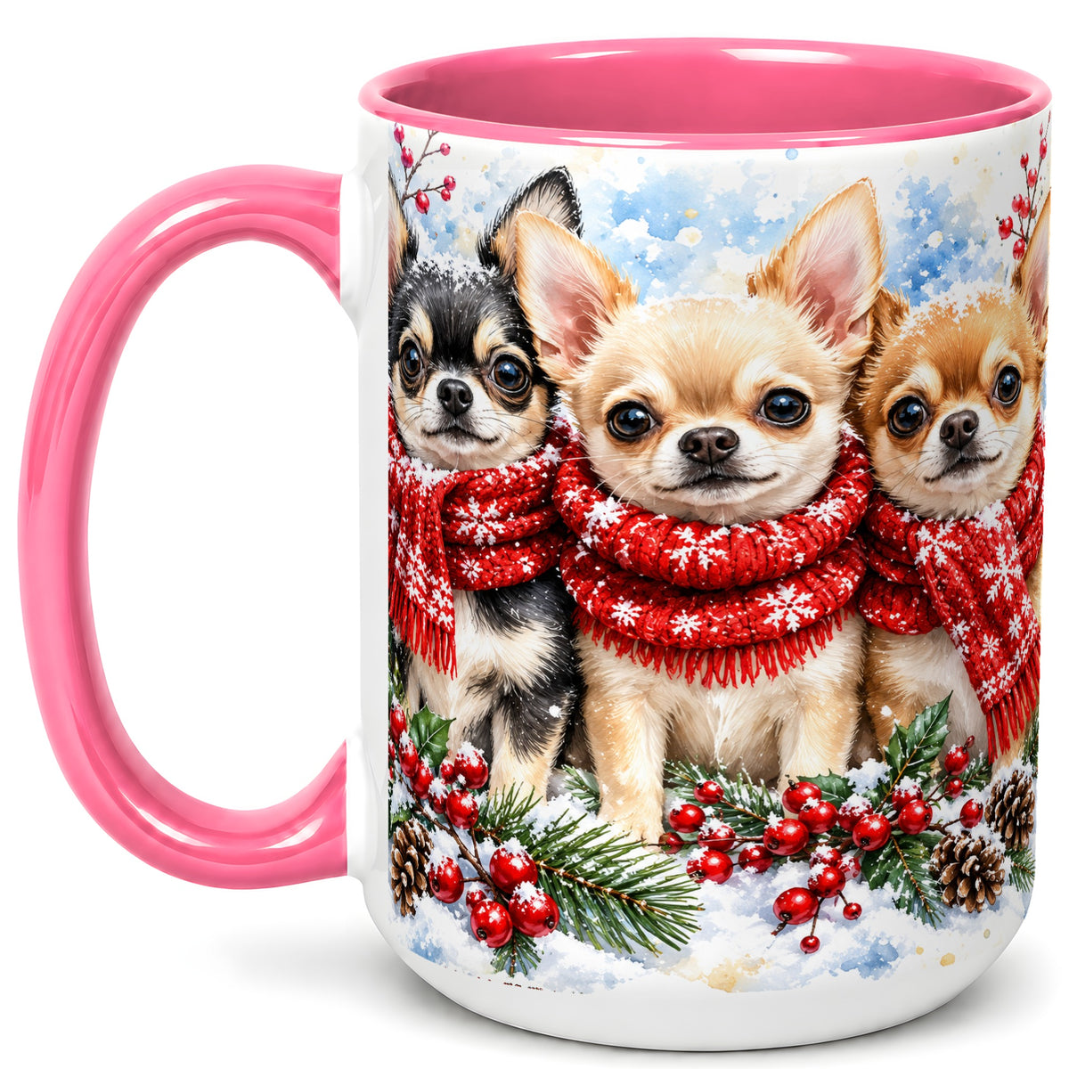 #pl[15oz|Pink] Winter Chihuahua Coffee Mug, Snowy Holiday Dog Mug, Ceramic Cup