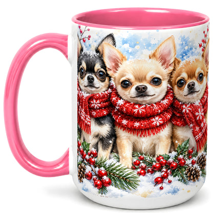 #pl[15oz|Pink] Winter Chihuahua Coffee Mug, Snowy Holiday Dog Mug, Ceramic Cup