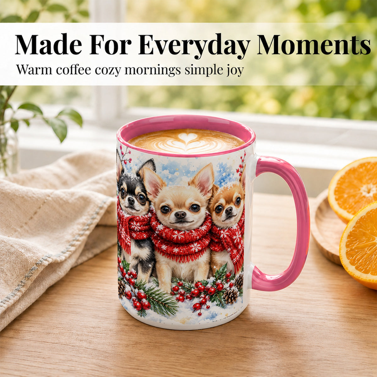 #pl[15oz|Pink] Winter Chihuahua Coffee Mug, Snowy Holiday Dog Mug, Ceramic Cup