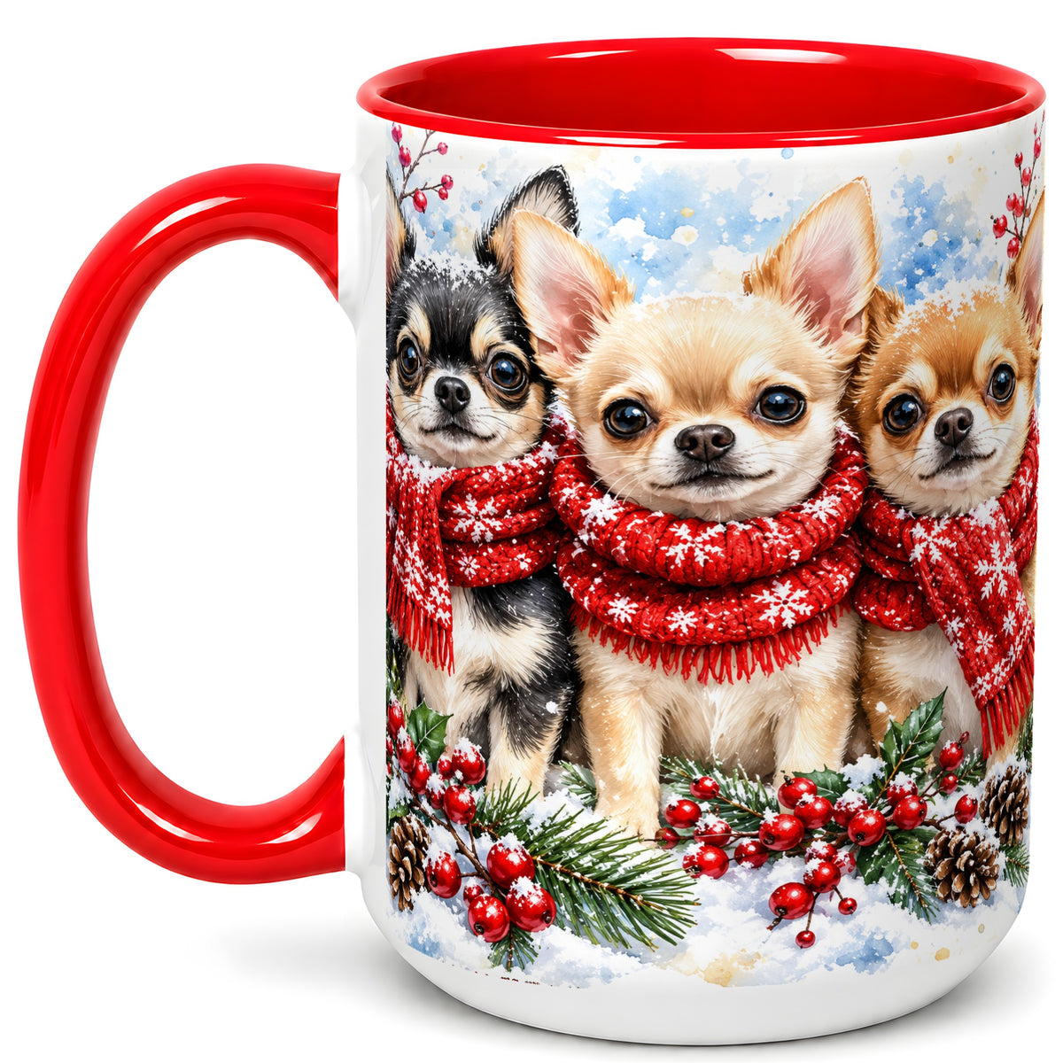 #pl[15oz|Red] Winter Chihuahua Coffee Mug, Snowy Holiday Dog Mug, Ceramic Cup