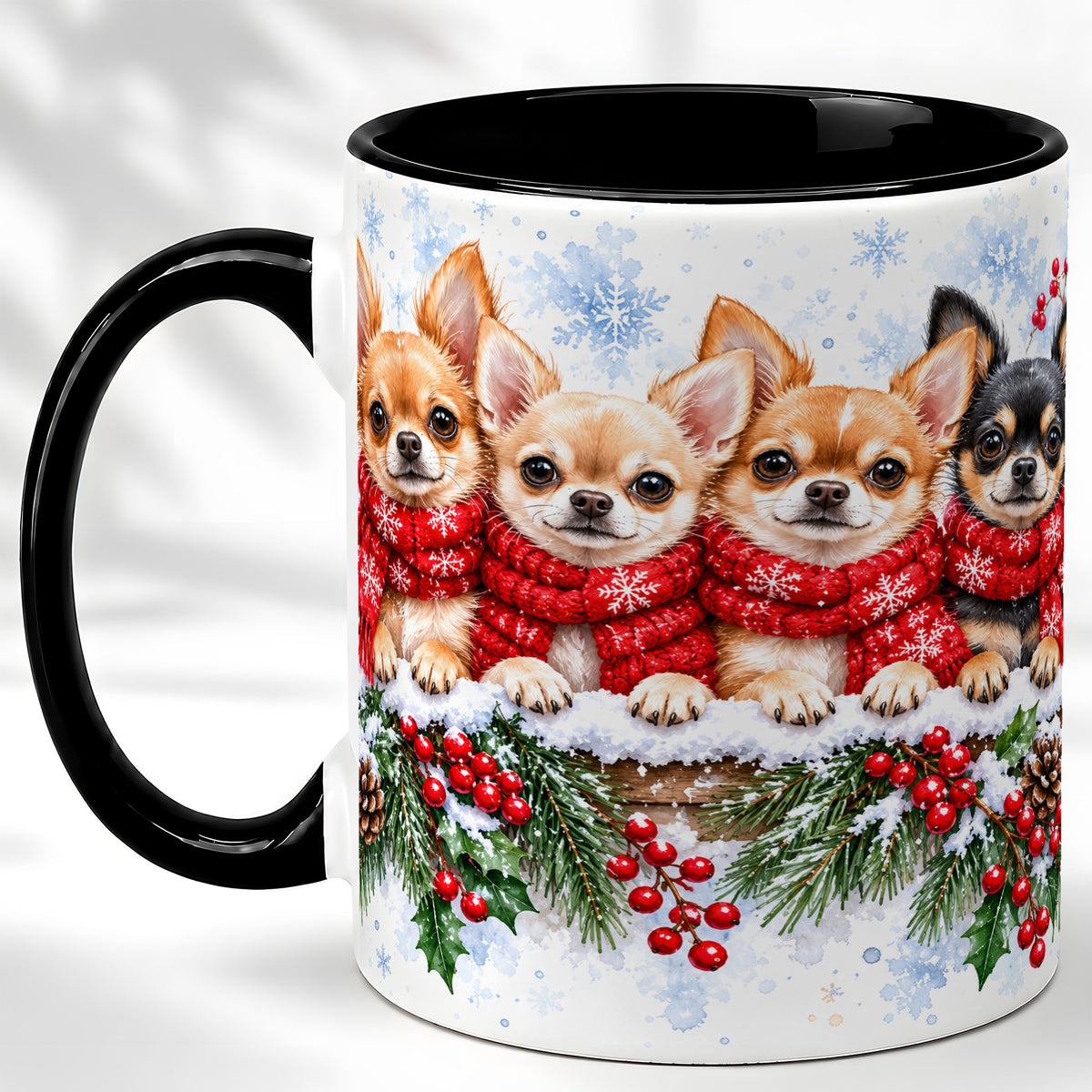 #pl[11oz|Black] Four Chihuahua Coffee Mug, Christmas Dog Group Mug, Ceramic Cup