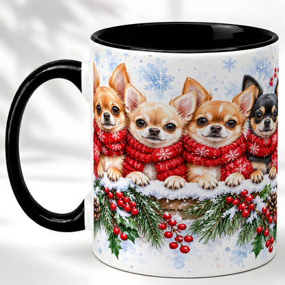 #pl[11oz|Black] Four Chihuahua Coffee Mug, Christmas Dog Group Mug, Ceramic Cup