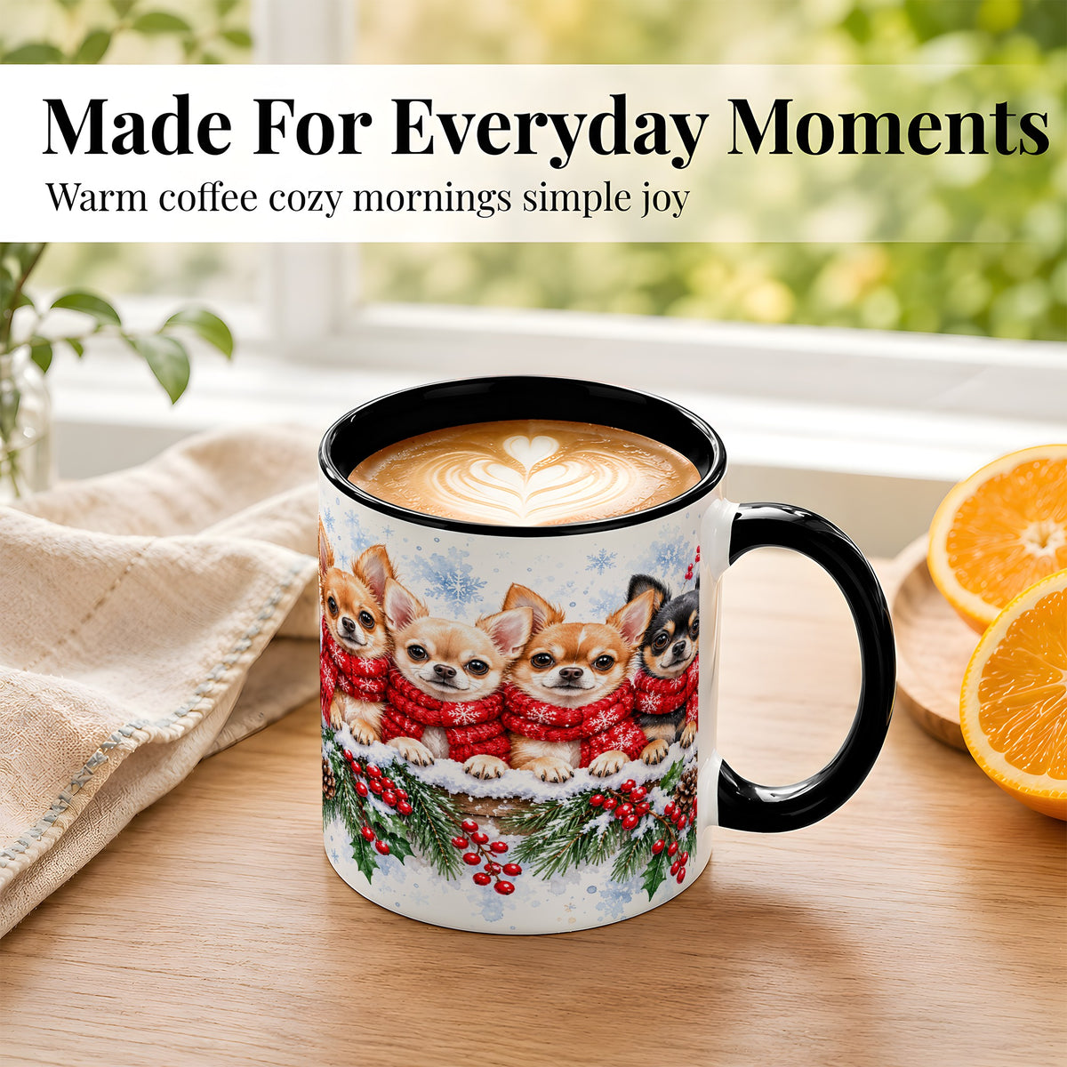 #pl[11oz|Black] Four Chihuahua Coffee Mug, Christmas Dog Group Mug, Ceramic Cup