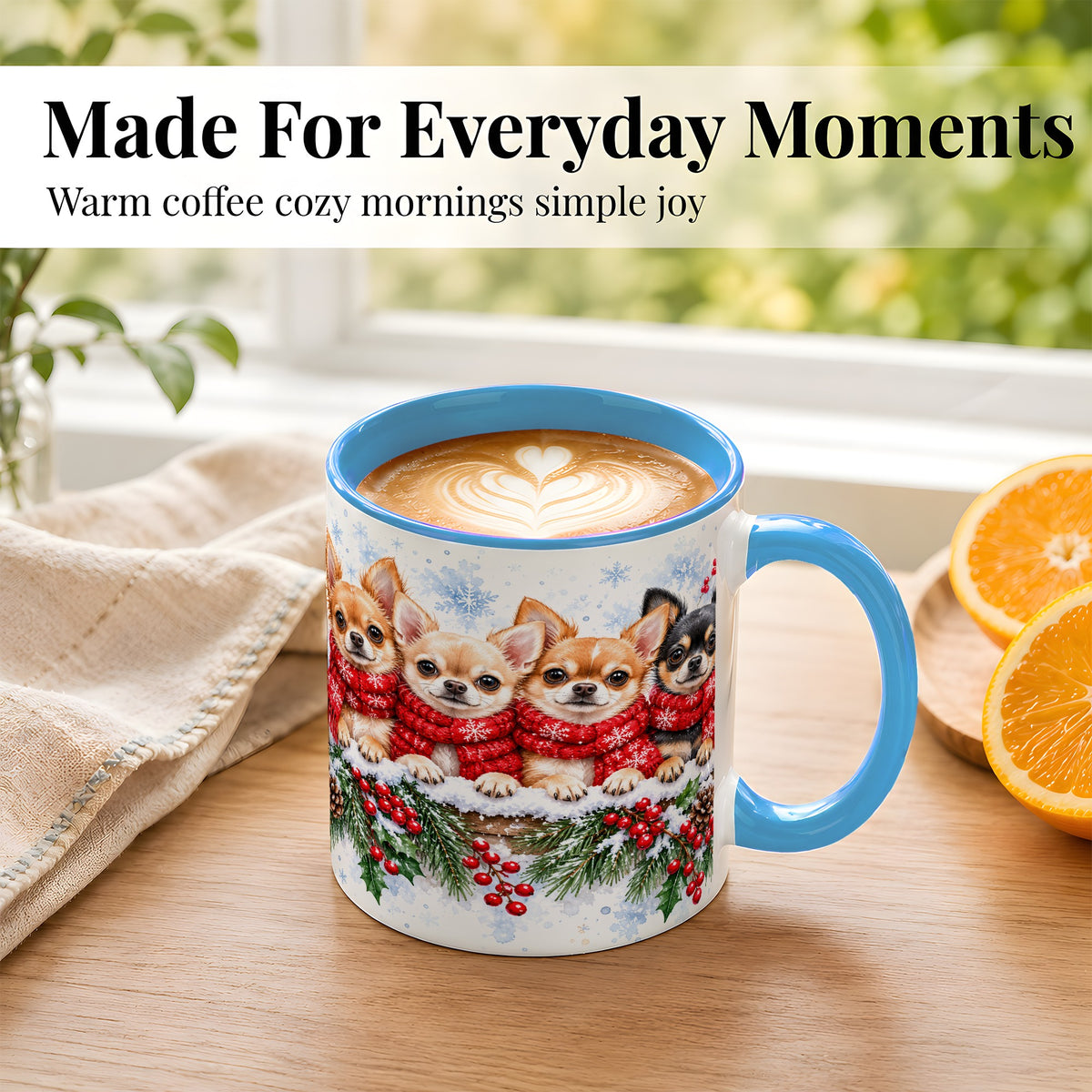 #pl[11oz|Blue] Four Chihuahua Coffee Mug, Christmas Dog Group Mug, Ceramic Cup