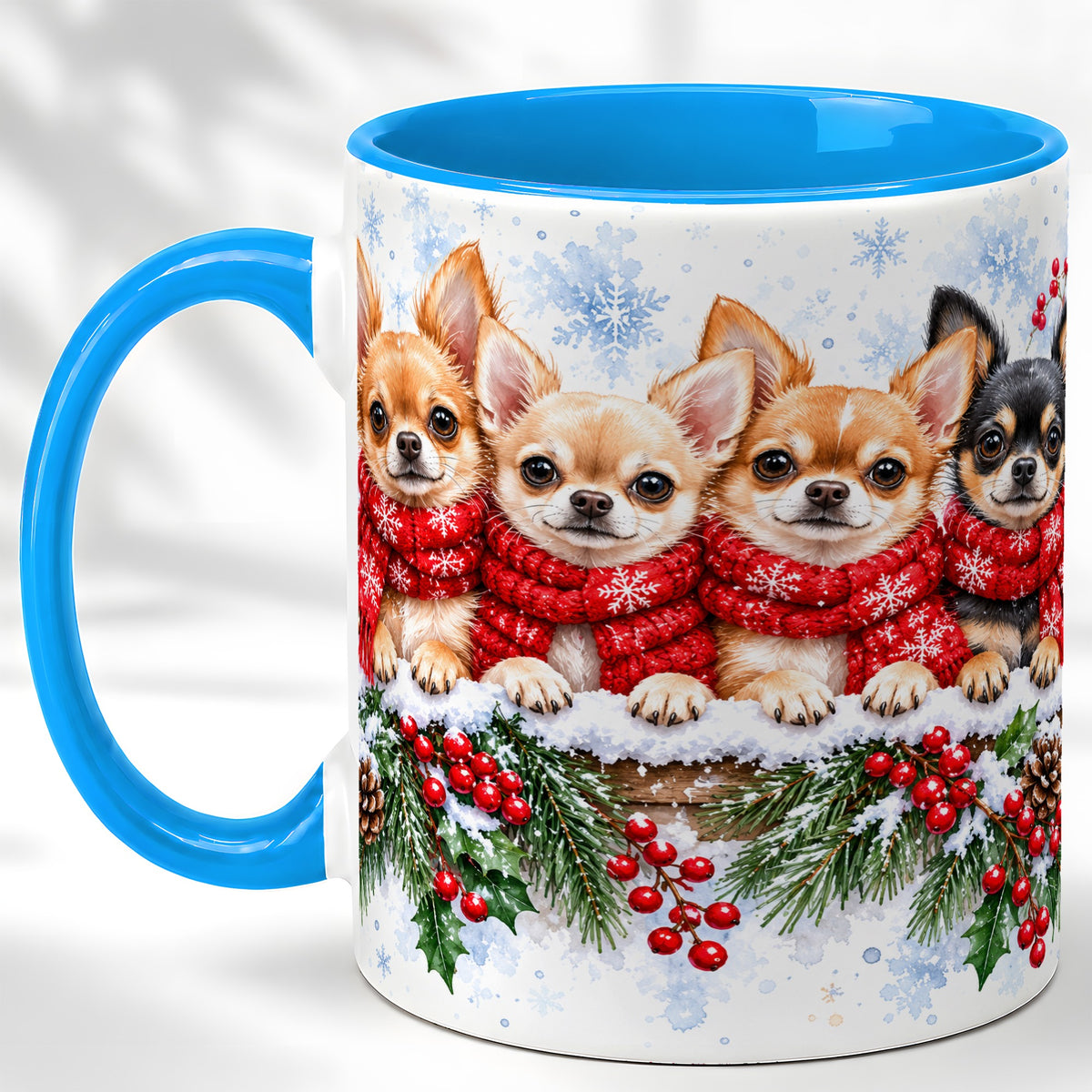 #pl[11oz|Blue] Four Chihuahua Coffee Mug, Christmas Dog Group Mug, Ceramic Cup