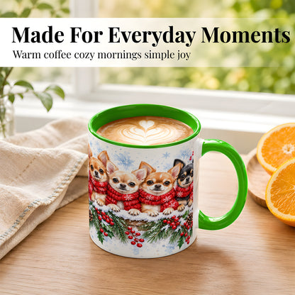 #pl[11oz|Green] Four Chihuahua Coffee Mug, Christmas Dog Group Mug, Ceramic Cup