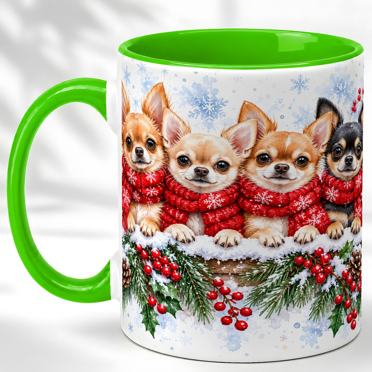 #pl[11oz|Green] Four Chihuahua Coffee Mug, Christmas Dog Group Mug, Ceramic Cup