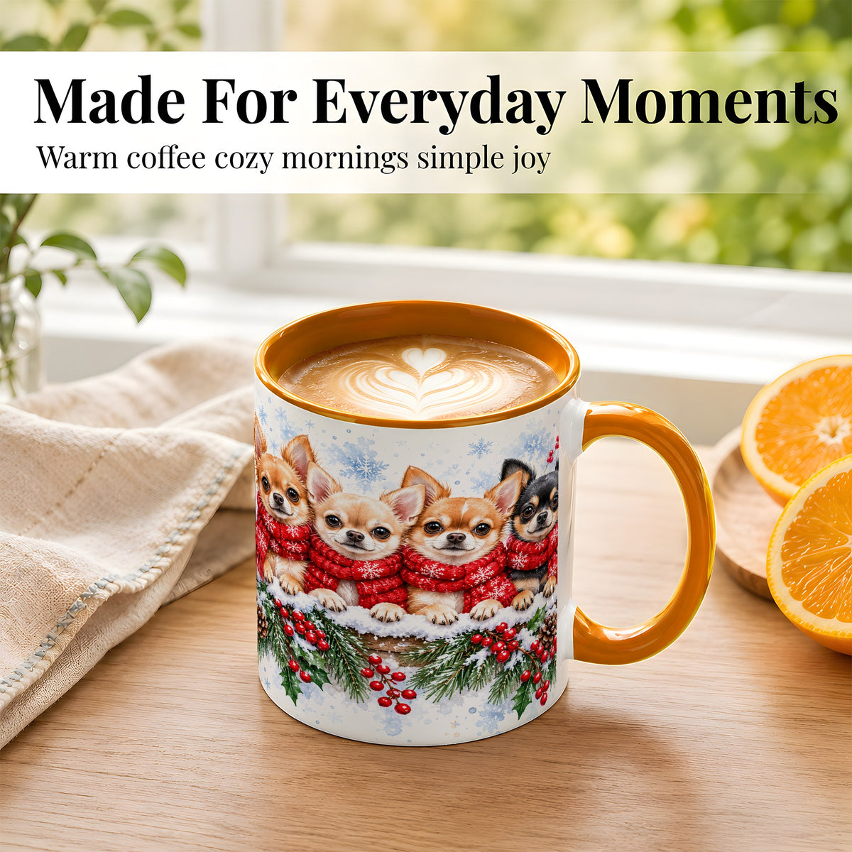 #pl[11oz|Orange] Four Chihuahua Coffee Mug, Christmas Dog Group Mug, Ceramic Cup