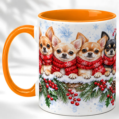 #pl[11oz|Orange] Four Chihuahua Coffee Mug, Christmas Dog Group Mug, Ceramic Cup
