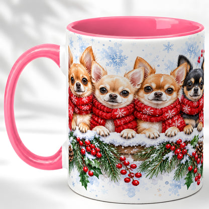#pl[11oz|Pink] Four Chihuahua Coffee Mug, Christmas Dog Group Mug, Ceramic Cup