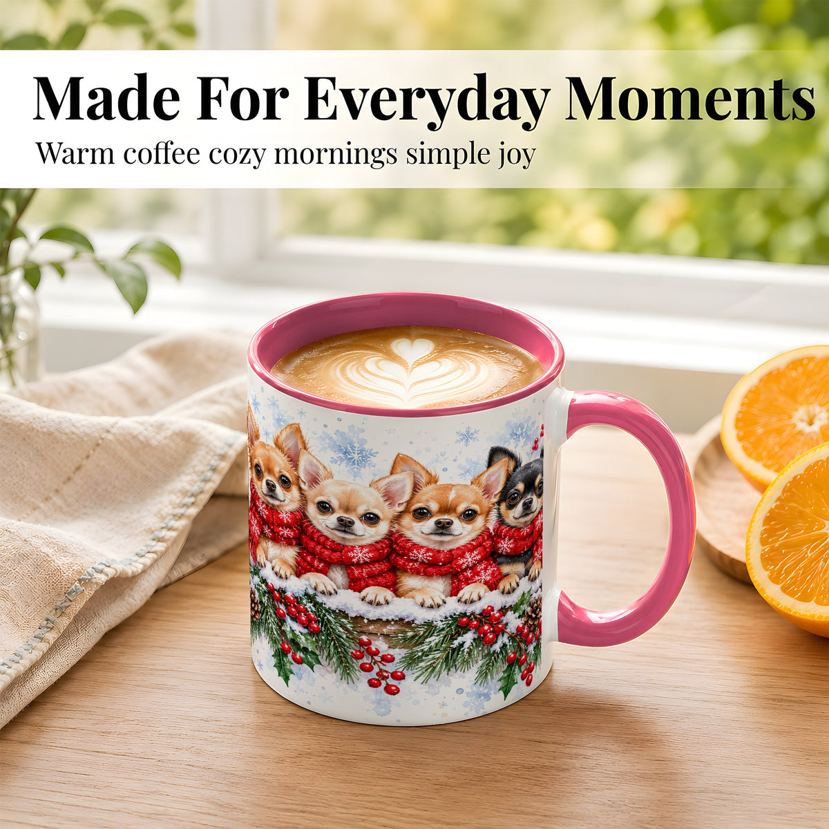#pl[11oz|Pink] Four Chihuahua Coffee Mug, Christmas Dog Group Mug, Ceramic Cup