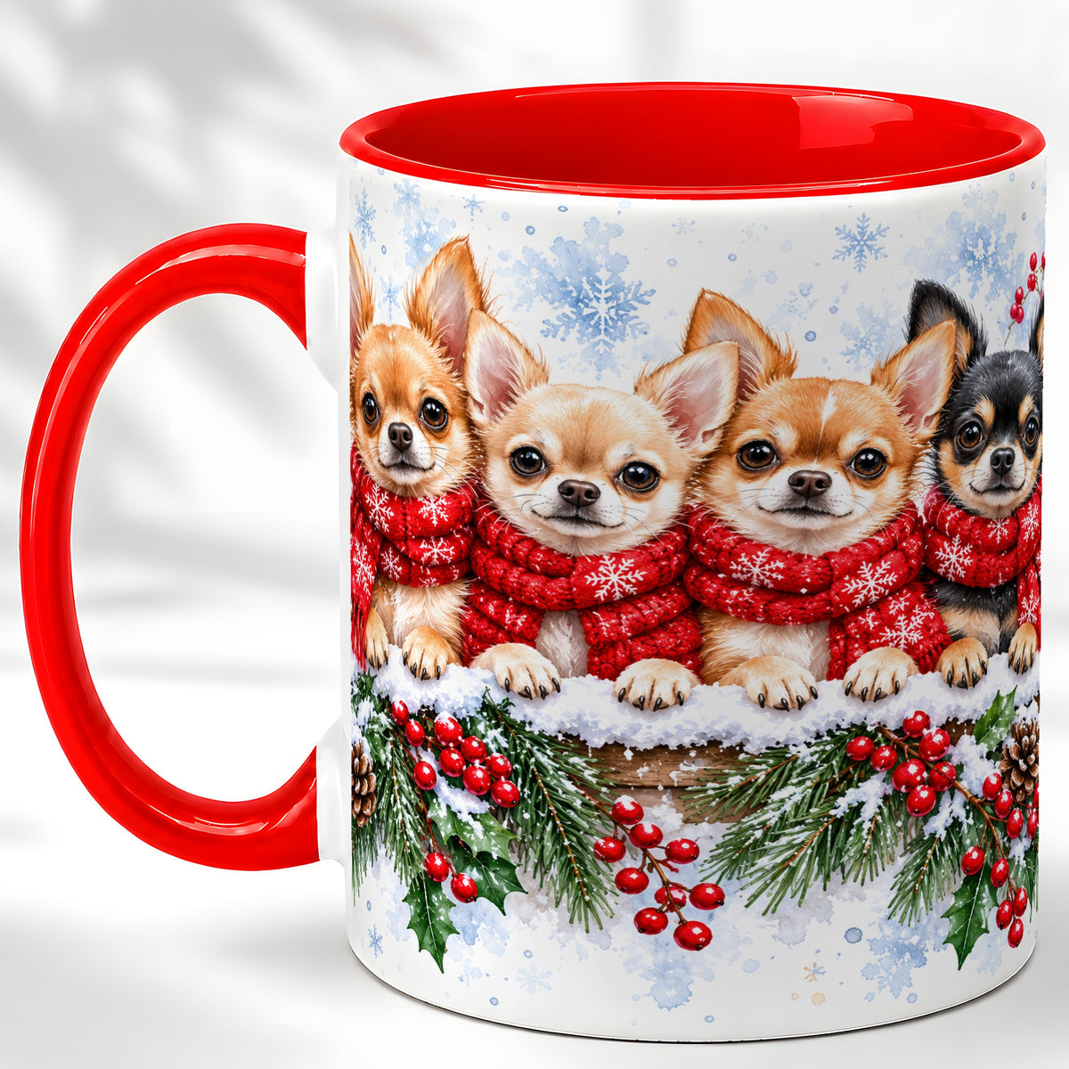 Four Chihuahua Coffee Mug, Christmas Dog Group Mug, Ceramic Cup