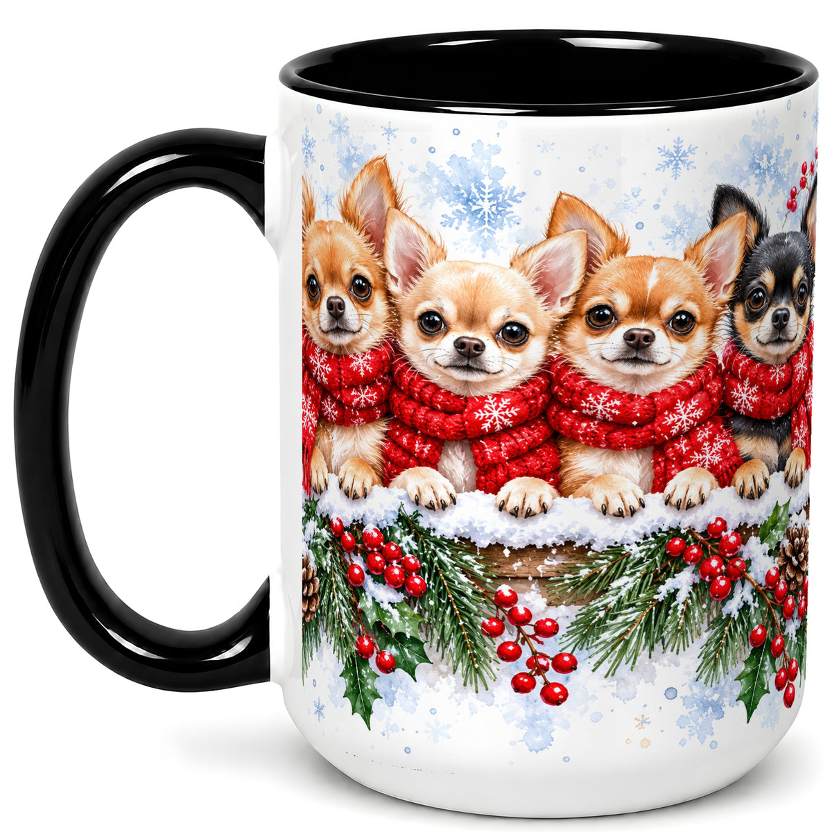 #pl[15oz|Black] Four Chihuahua Coffee Mug, Christmas Dog Group Mug, Ceramic Cup