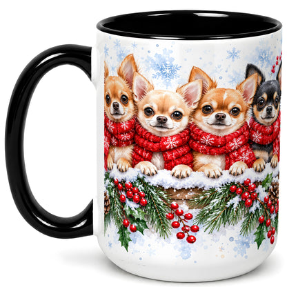 #pl[15oz|Black] Four Chihuahua Coffee Mug, Christmas Dog Group Mug, Ceramic Cup