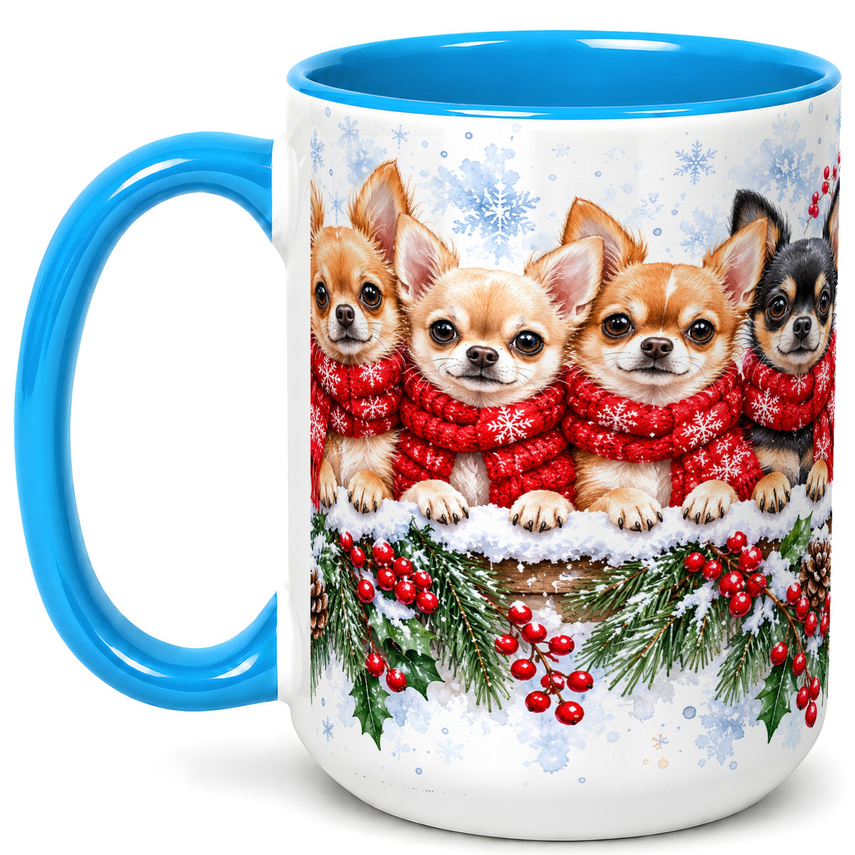 #pl[15oz|Blue] Four Chihuahua Coffee Mug, Christmas Dog Group Mug, Ceramic Cup