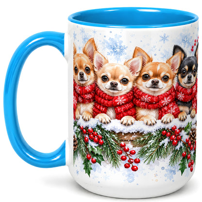 #pl[15oz|Blue] Four Chihuahua Coffee Mug, Christmas Dog Group Mug, Ceramic Cup