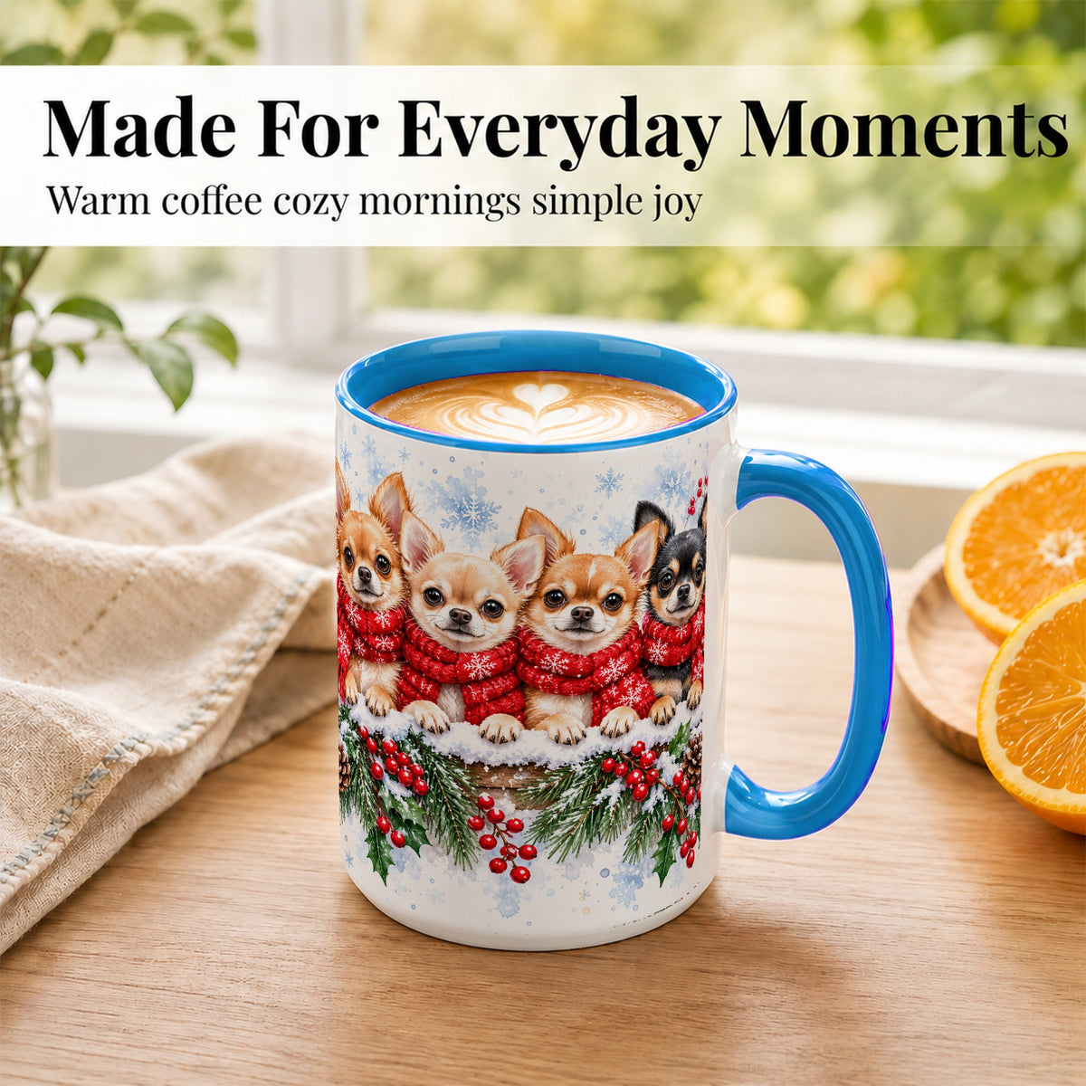 #pl[15oz|Blue] Four Chihuahua Coffee Mug, Christmas Dog Group Mug, Ceramic Cup