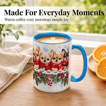 #pl[15oz|Blue] Four Chihuahua Coffee Mug, Christmas Dog Group Mug, Ceramic Cup