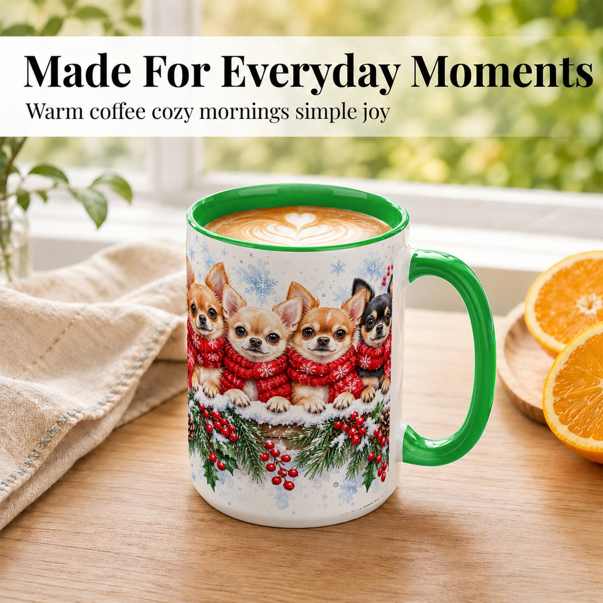 #pl[15oz|Green] Four Chihuahua Coffee Mug, Christmas Dog Group Mug, Ceramic Cup
