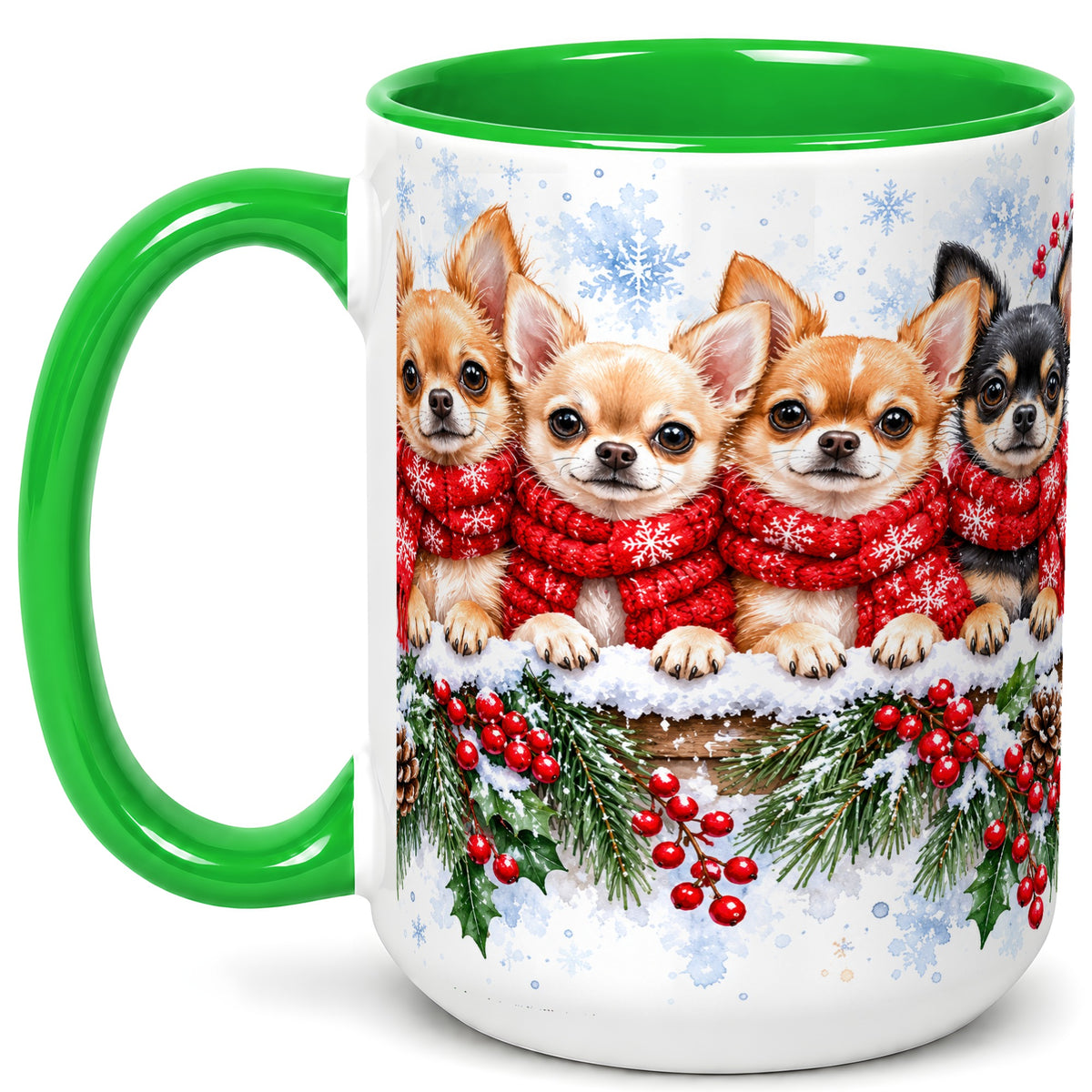 #pl[15oz|Green] Four Chihuahua Coffee Mug, Christmas Dog Group Mug, Ceramic Cup
