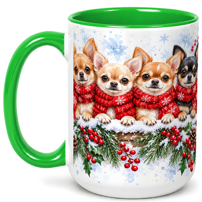 #pl[15oz|Green] Four Chihuahua Coffee Mug, Christmas Dog Group Mug, Ceramic Cup