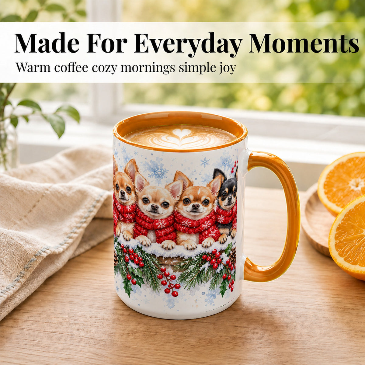 #pl[15oz|Orange] Four Chihuahua Coffee Mug, Christmas Dog Group Mug, Ceramic Cup