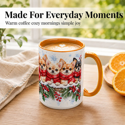#pl[15oz|Orange] Four Chihuahua Coffee Mug, Christmas Dog Group Mug, Ceramic Cup