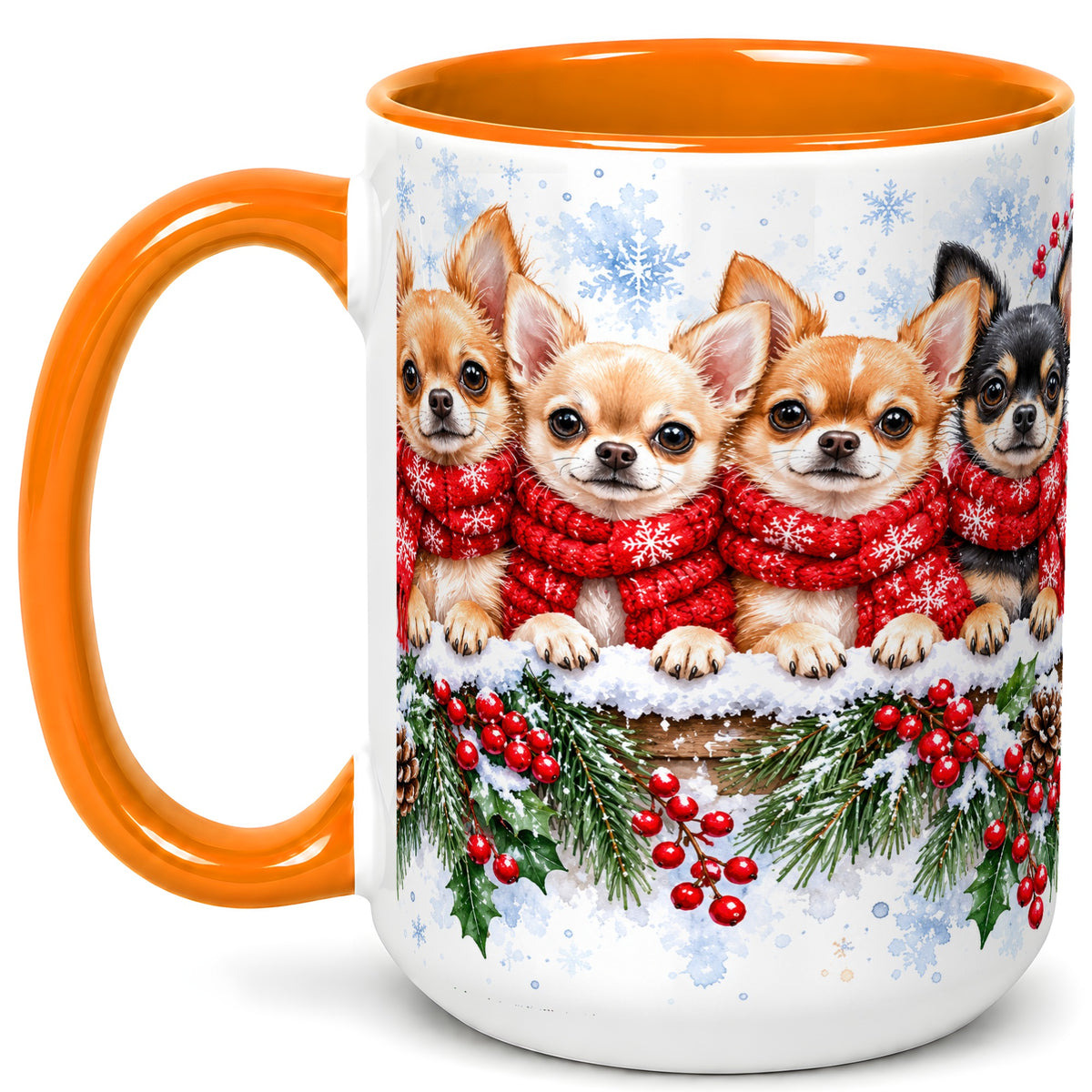 #pl[15oz|Orange] Four Chihuahua Coffee Mug, Christmas Dog Group Mug, Ceramic Cup