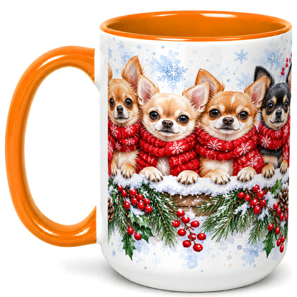 #pl[15oz|Orange] Four Chihuahua Coffee Mug, Christmas Dog Group Mug, Ceramic Cup