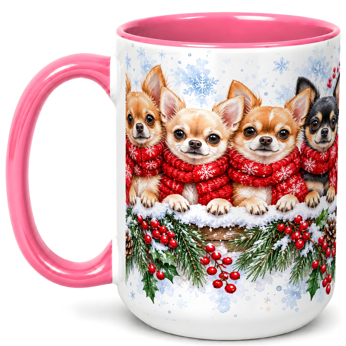 #pl[15oz|Pink] Four Chihuahua Coffee Mug, Christmas Dog Group Mug, Ceramic Cup