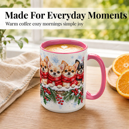 #pl[15oz|Pink] Four Chihuahua Coffee Mug, Christmas Dog Group Mug, Ceramic Cup