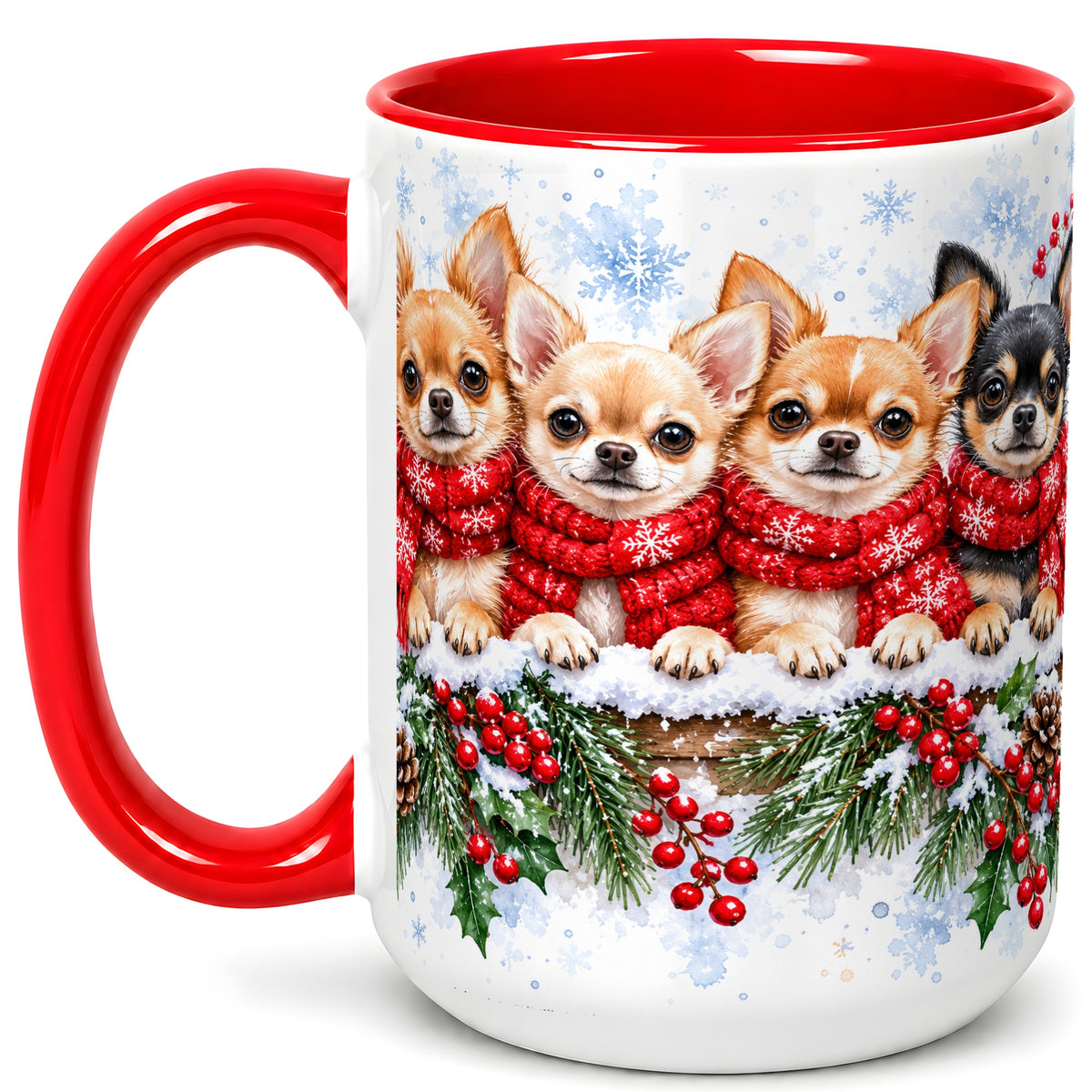 #pl[15oz|Red] Four Chihuahua Coffee Mug, Christmas Dog Group Mug, Ceramic Cup
