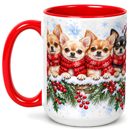#pl[15oz|Red] Four Chihuahua Coffee Mug, Christmas Dog Group Mug, Ceramic Cup