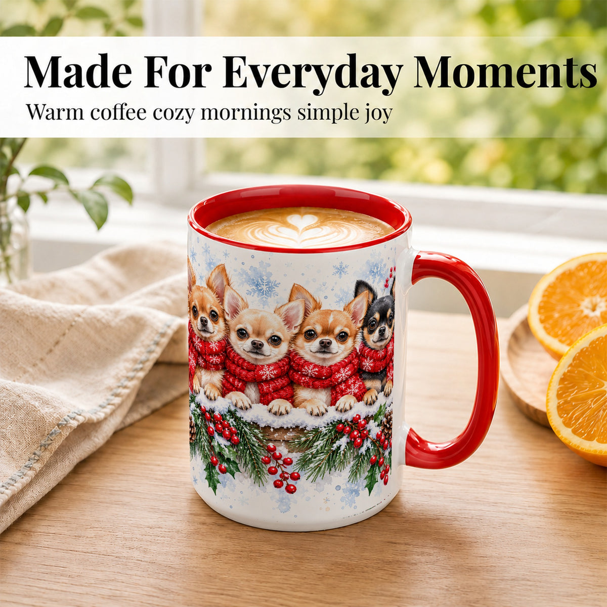 #pl[15oz|Red] Four Chihuahua Coffee Mug, Christmas Dog Group Mug, Ceramic Cup