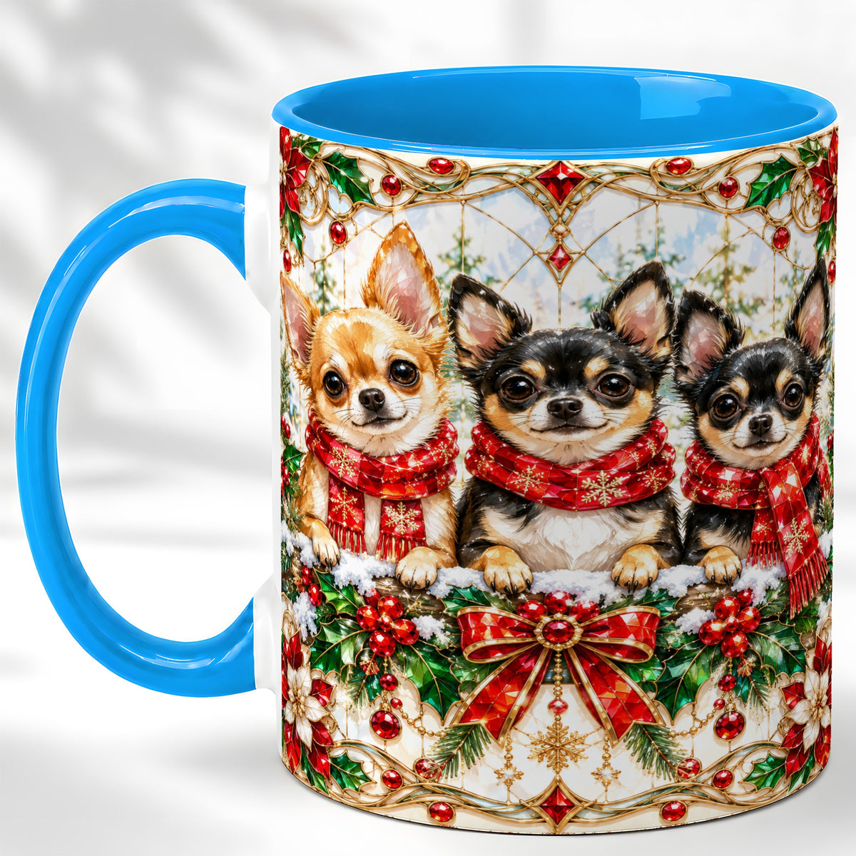 #pl[11oz|Blue] Jeweled Chihuahua Coffee Mug, Christmas Dog Mug, Ceramic Cup