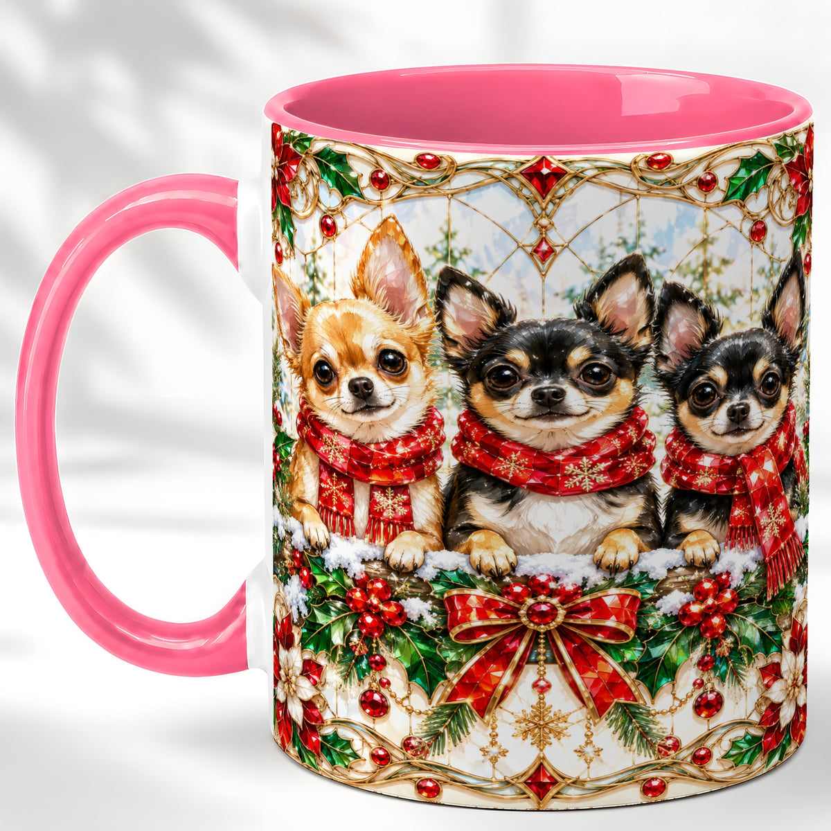 #pl[11oz|Pink] Jeweled Chihuahua Coffee Mug, Christmas Dog Mug, Ceramic Cup