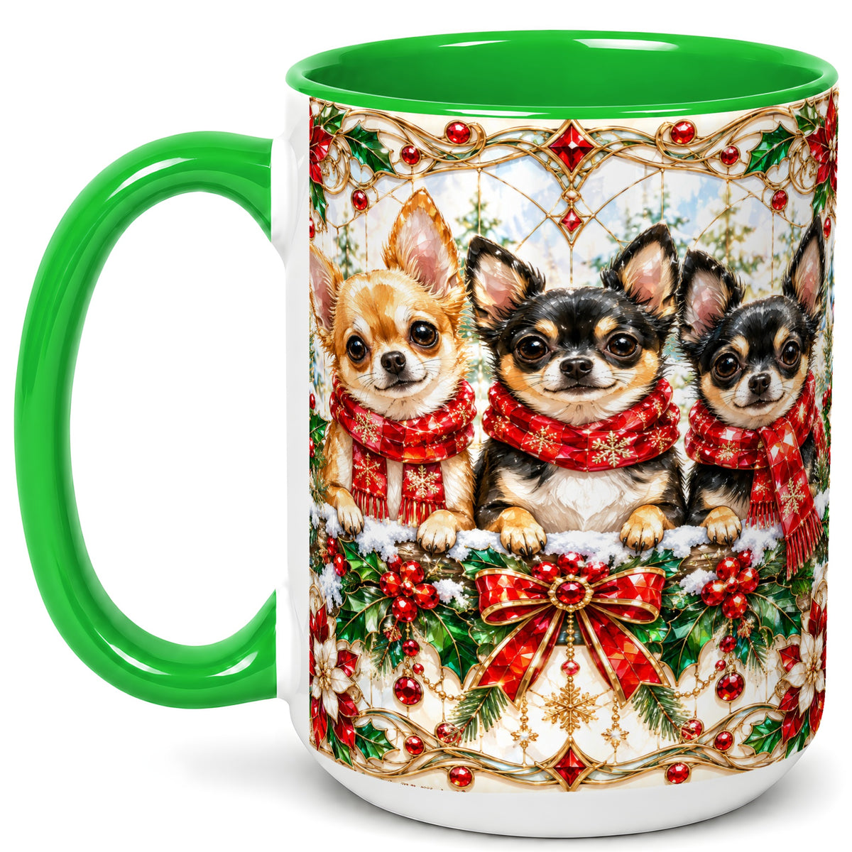 #pl[15oz|Green] Jeweled Chihuahua Coffee Mug, Christmas Dog Mug, Ceramic Cup