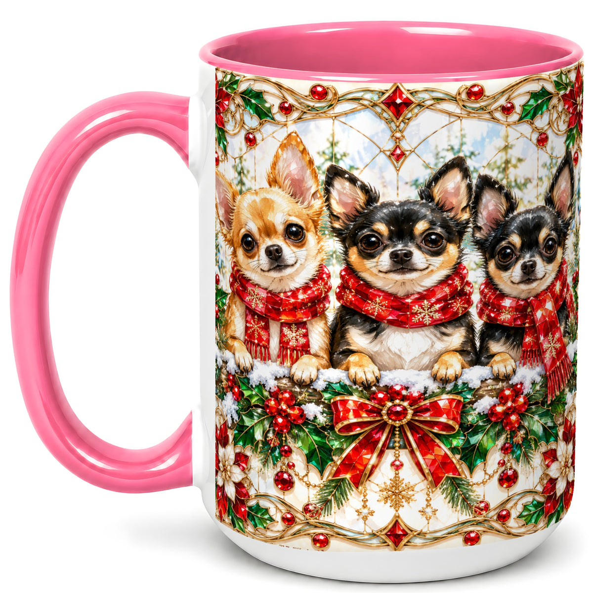 #pl[15oz|Pink] Jeweled Chihuahua Coffee Mug, Christmas Dog Mug, Ceramic Cup