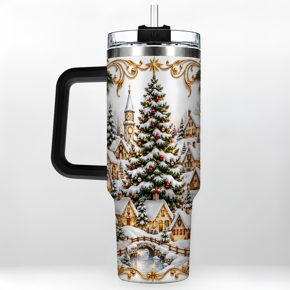 #pl[40oz|Black] Snowy Village 40oz Tumbler with Handle, Christmas Travel Cup