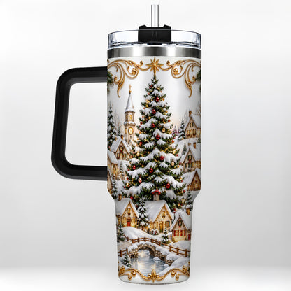 #pl[40oz|Black] Snowy Village 40oz Tumbler with Handle, Christmas Travel Cup