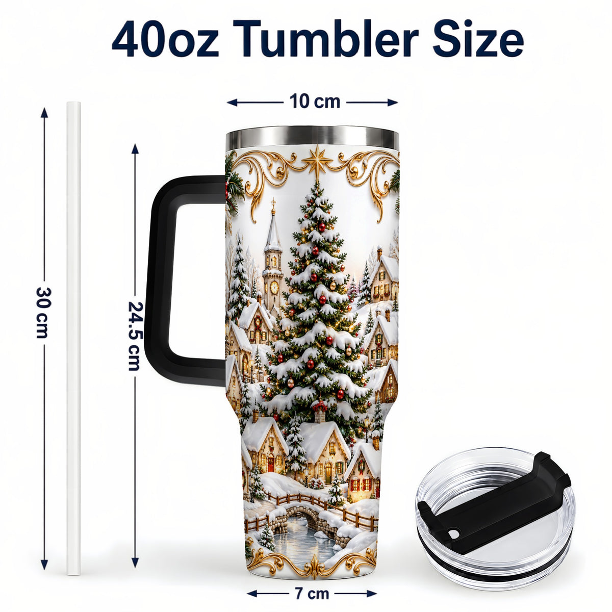 #pl[40oz|Black] Snowy Village 40oz Tumbler with Handle, Christmas Travel Cup