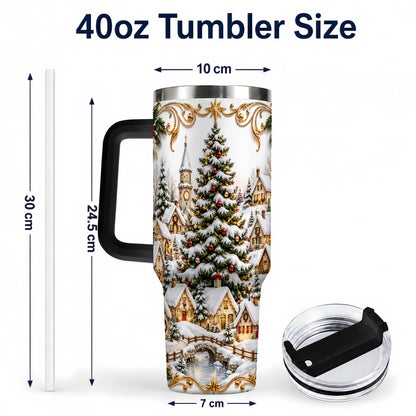 #pl[40oz|Black] Snowy Village 40oz Tumbler with Handle, Christmas Travel Cup