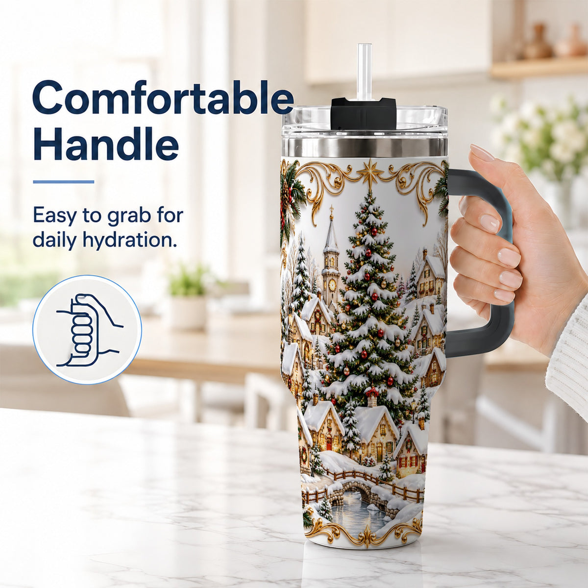 #pl[40oz|Black] Snowy Village 40oz Tumbler with Handle, Christmas Travel Cup