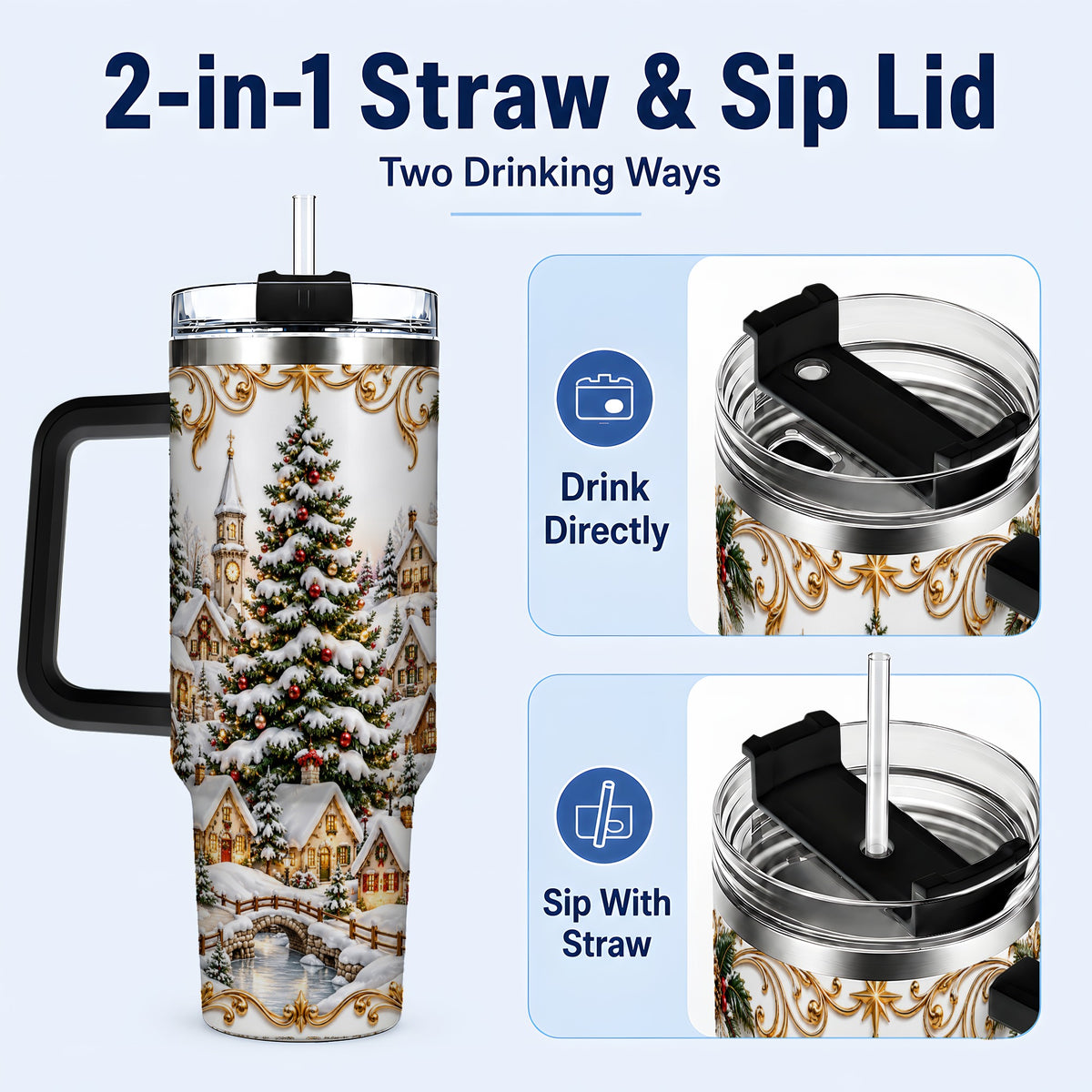 #pl[40oz|Black] Snowy Village 40oz Tumbler with Handle, Christmas Travel Cup