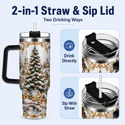 #pl[40oz|Black] Snowy Village 40oz Tumbler with Handle, Christmas Travel Cup