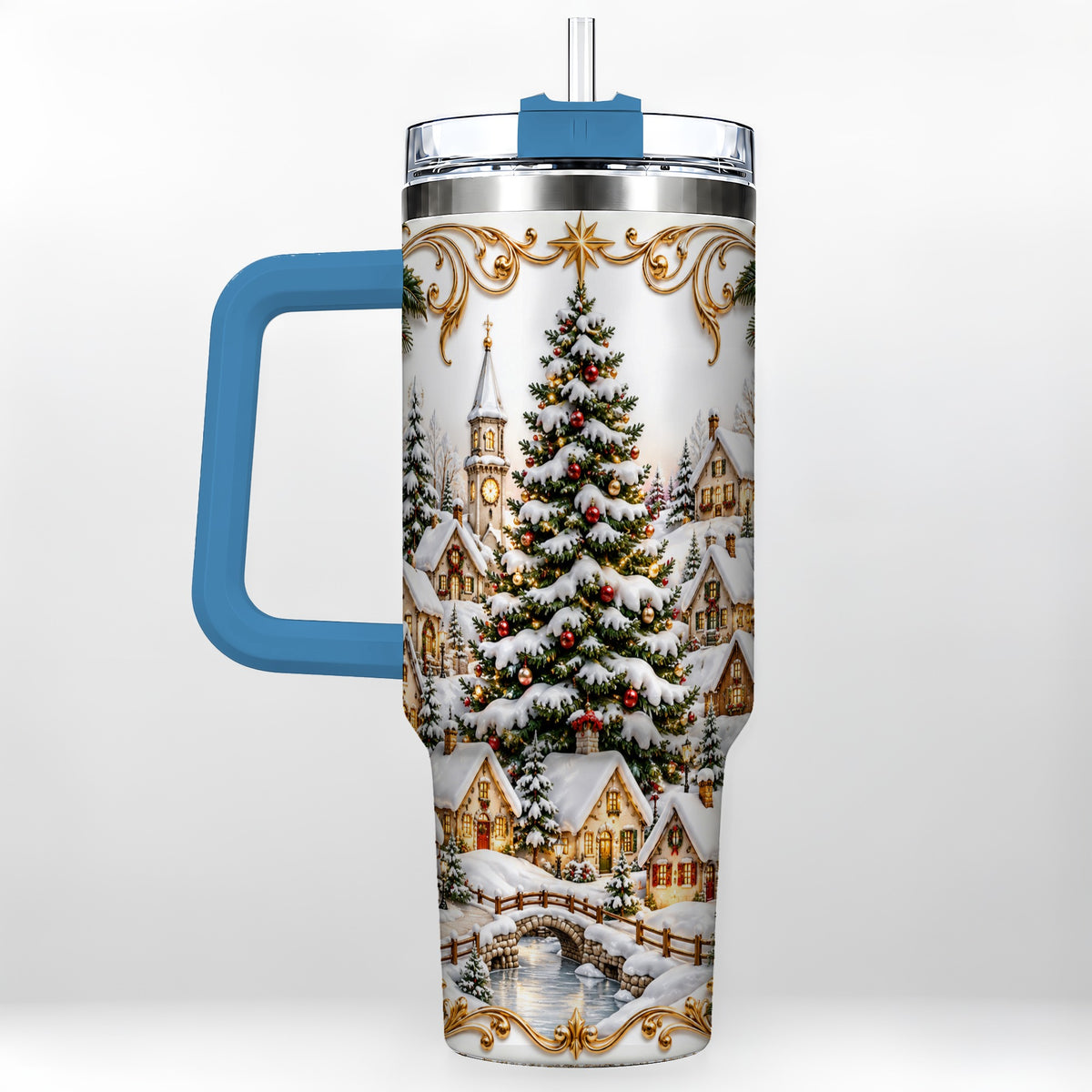 #pl[40oz|Blue] Snowy Village 40oz Tumbler with Handle, Christmas Travel Cup