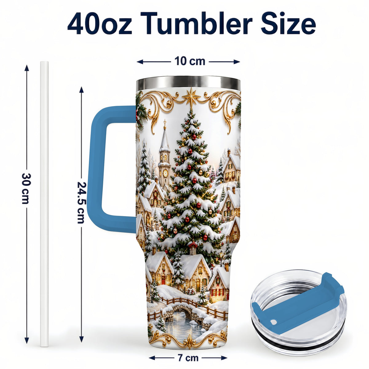 #pl[40oz|Blue] Snowy Village 40oz Tumbler with Handle, Christmas Travel Cup